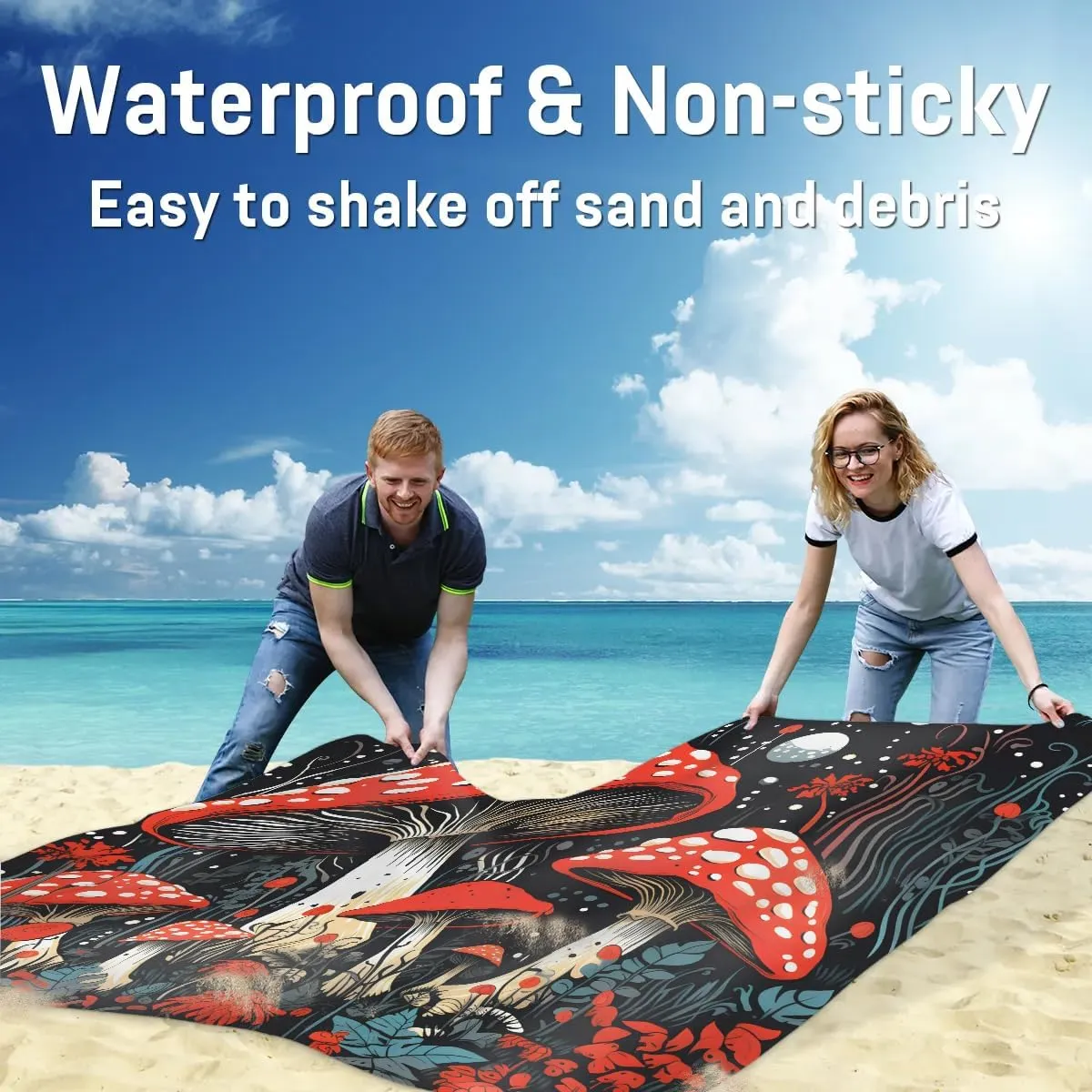 Mushrooms Beach Blanket, Sandproof Beach Mat, 68 x 59 Waterproof Quick Drying Sand Free Mat with 4 x Ground Spikes for Outdoor Travel Camping Hiking, Boho Mushroom Plant