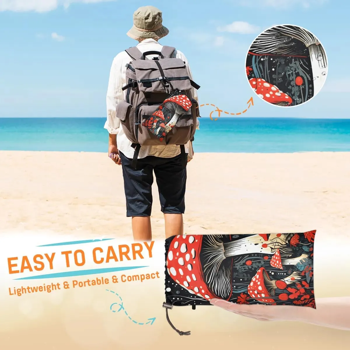Mushrooms Beach Blanket, Sandproof Beach Mat, 68 x 59 Waterproof Quick Drying Sand Free Mat with 4 x Ground Spikes for Outdoor Travel Camping Hiking, Boho Mushroom Plant