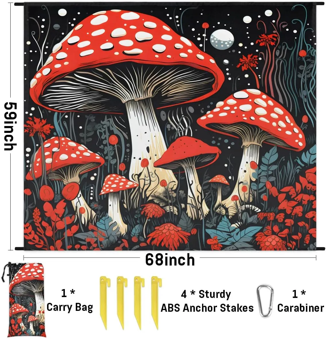 Mushrooms Beach Blanket, Sandproof Beach Mat, 68 x 59 Waterproof Quick Drying Sand Free Mat with 4 x Ground Spikes for Outdoor Travel Camping Hiking, Boho Mushroom Plant