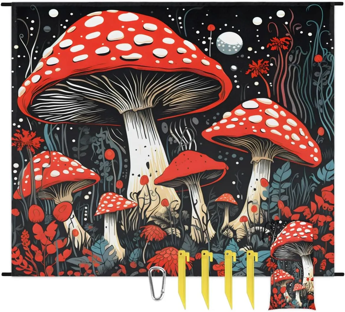 Mushrooms Beach Blanket, Sandproof Beach Mat, 68 x 59 Waterproof Quick Drying Sand Free Mat with 4 x Ground Spikes for Outdoor Travel Camping Hiking, Boho Mushroom Plant