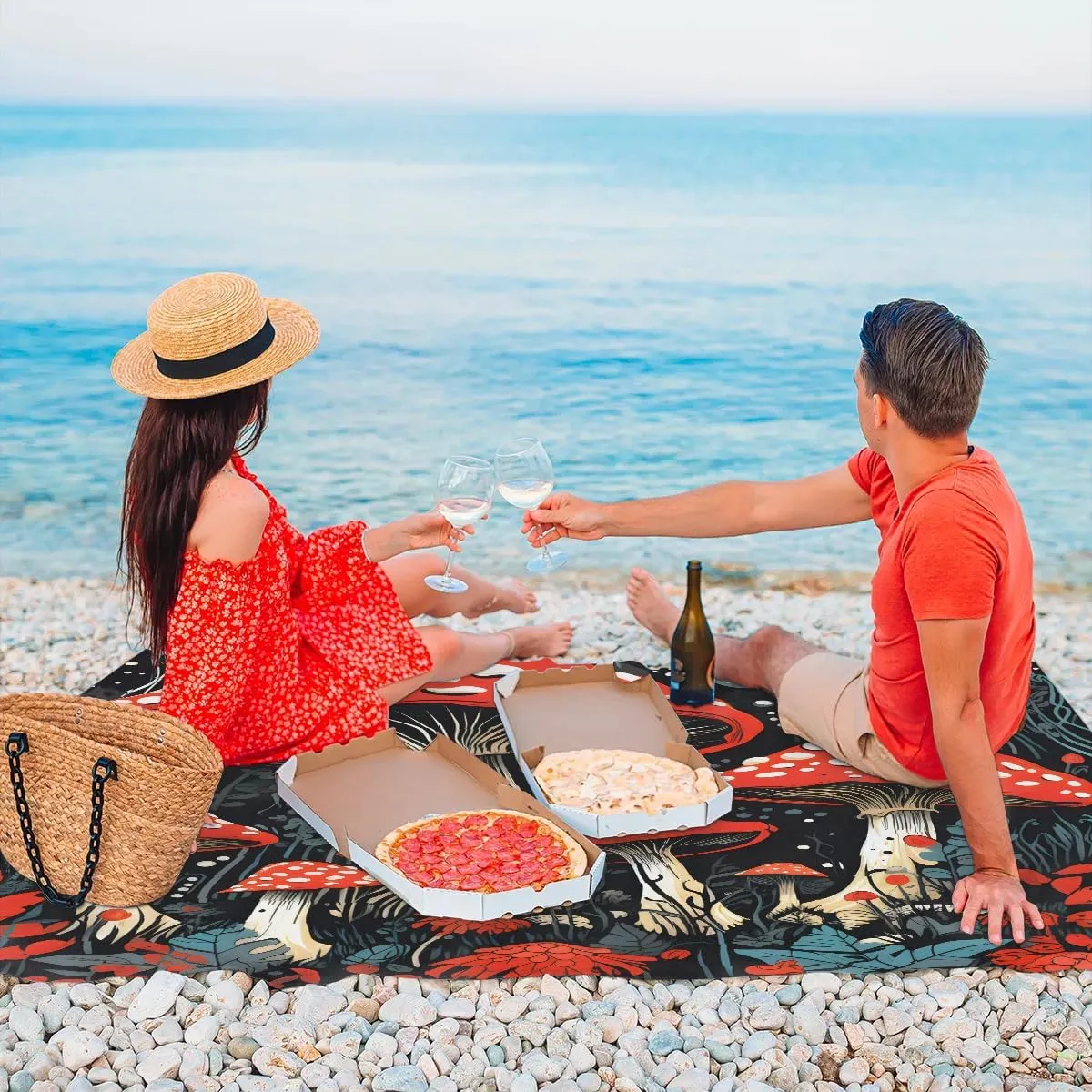 Mushrooms Beach Blanket, Sandproof Beach Mat, 68 x 59 Waterproof Quick Drying Sand Free Mat with 4 x Ground Spikes for Outdoor Travel Camping Hiking, Boho Mushroom Plant