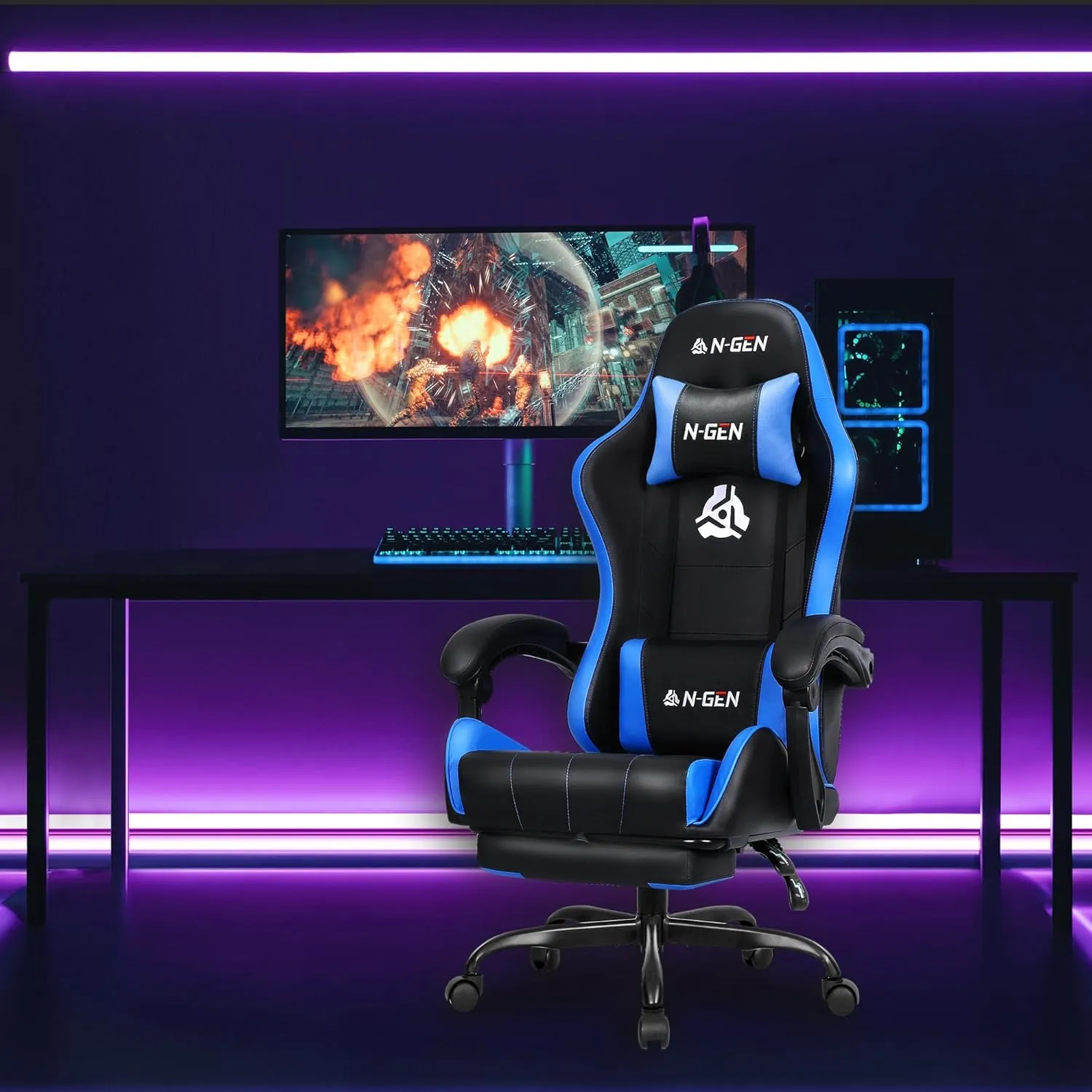 N-GEN GAMING Video Gaming Chair with Footrest High Back Ergonomic Comfortable Office Computer Desk with Lumbar Support Height Adjustable with PU Leather Recliner for Adults Women Men (Blue)