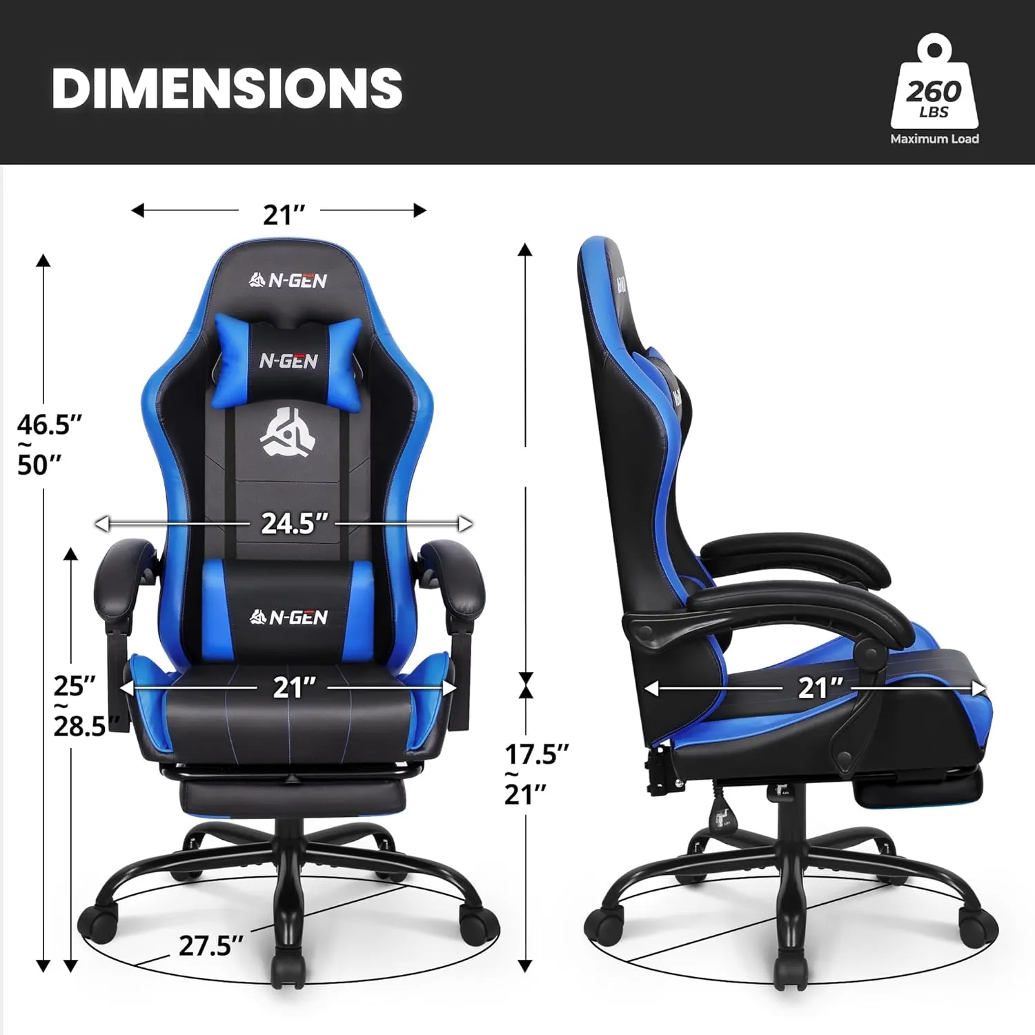 N-GEN GAMING Video Gaming Chair with Footrest High Back Ergonomic Comfortable Office Computer Desk with Lumbar Support Height Adjustable with PU Leather Recliner for Adults Women Men (Blue)