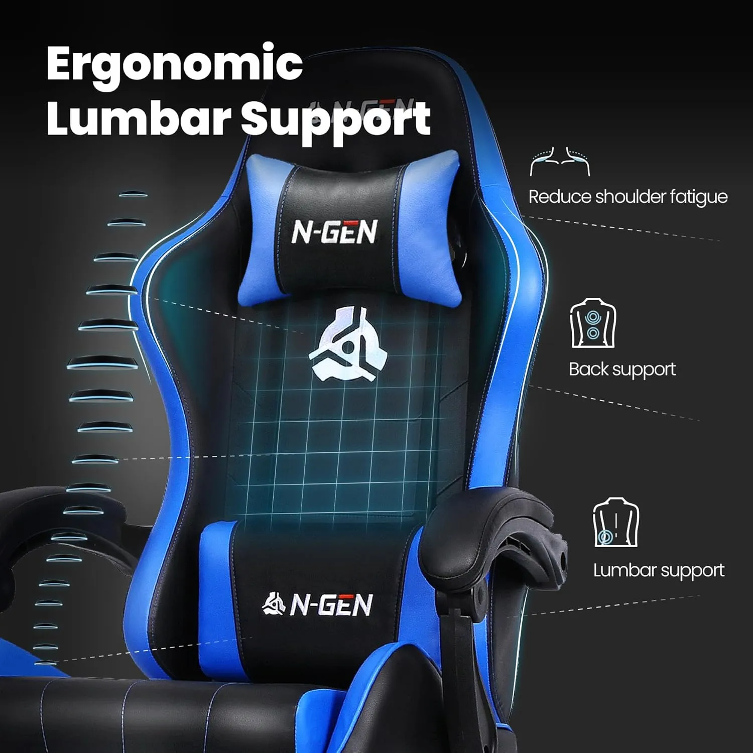 N-GEN GAMING Video Gaming Chair with Footrest High Back Ergonomic Comfortable Office Computer Desk with Lumbar Support Height Adjustable with PU Leather Recliner for Adults Women Men (Blue)