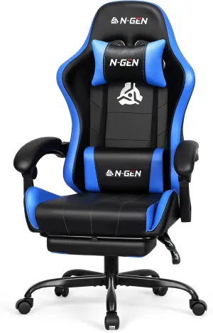 N-GEN GAMING Video Gaming Chair with Footrest High Back Ergonomic Comfortable Office Computer Desk with Lumbar Support Height Adjustable with PU Leather Recliner for Adults Women Men (Blue)