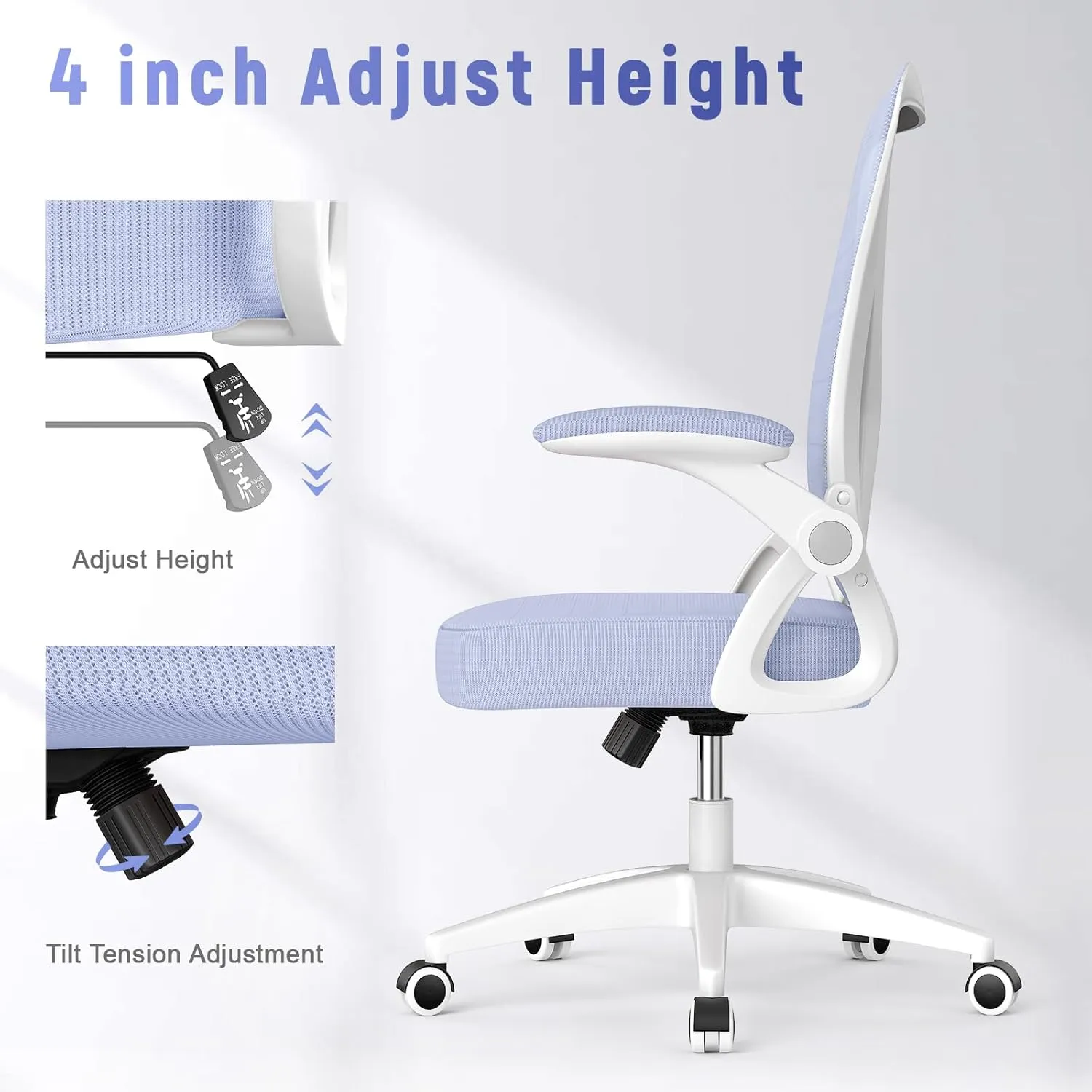 naspaluro Ergonomic Office Chair, Mid Back Desk Chair with Adjustable Height, Flip-Up Arms and Lumbar Support, Breathable Mesh Swivel Computer Chair for Home Study Working/Light Purple