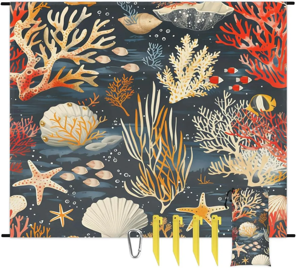 Nautical Beach Blanket, Sandproof Beach Mat, 68 x 59 Waterproof Quick Drying Sand Free Mat with 4 x Ground Spikes for Outdoor Travel Camping Hiking, Sea Shells Starfish Coral