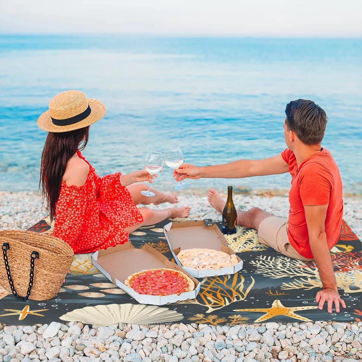 Nautical Beach Blanket, Sandproof Beach Mat, 68 x 59 Waterproof Quick Drying Sand Free Mat with 4 x Ground Spikes for Outdoor Travel Camping Hiking, Sea Shells Starfish Coral