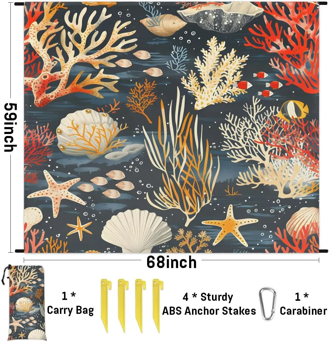 Nautical Beach Blanket, Sandproof Beach Mat, 68 x 59 Waterproof Quick Drying Sand Free Mat with 4 x Ground Spikes for Outdoor Travel Camping Hiking, Sea Shells Starfish Coral