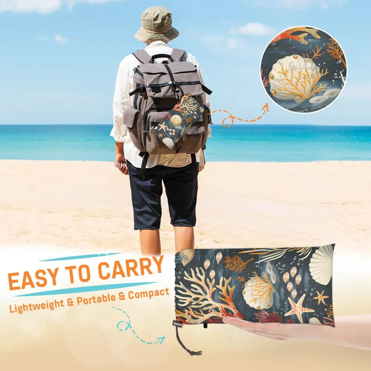 Nautical Beach Blanket, Sandproof Beach Mat, 68 x 59 Waterproof Quick Drying Sand Free Mat with 4 x Ground Spikes for Outdoor Travel Camping Hiking, Sea Shells Starfish Coral