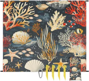 Nautical Beach Blanket, Sandproof Beach Mat, 68 x 59 Waterproof Quick Drying Sand Free Mat with 4 x Ground Spikes for Outdoor Travel Camping Hiking, Sea Shells Starfish Coral