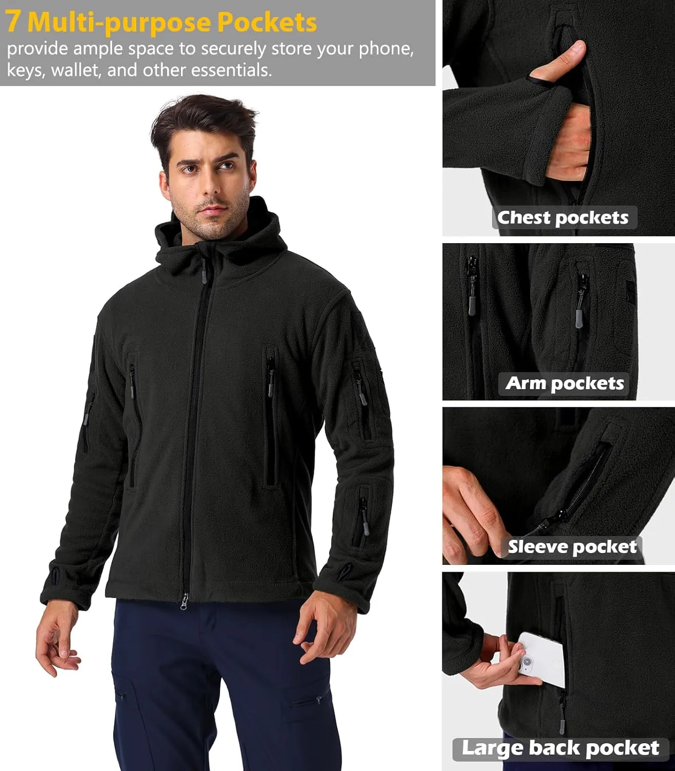 NAVEKULL Men's Tactical Hoodie Fleece Jacket Winter Warm Full-Zip Military Army Outdoor Hiking Coat with 7 Zip-pockets