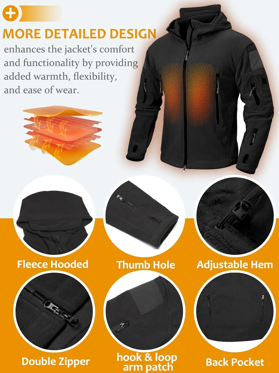 NAVEKULL Men's Tactical Hoodie Fleece Jacket Winter Warm Full-Zip Military Army Outdoor Hiking Coat with 7 Zip-pockets