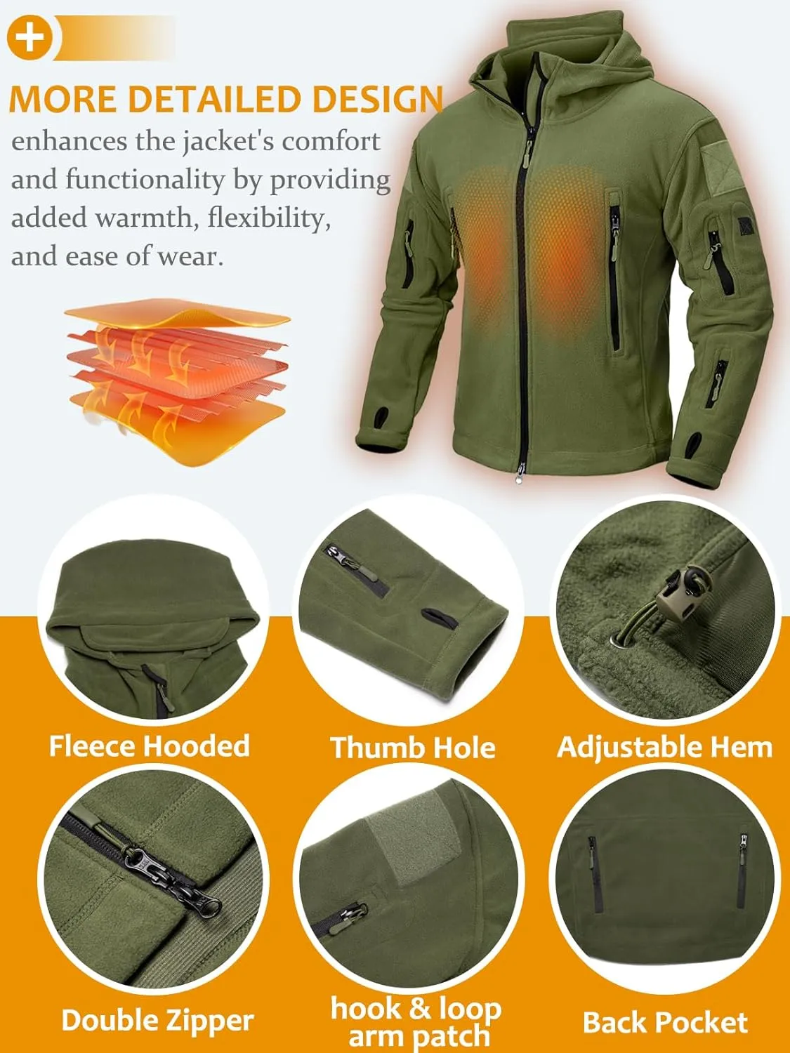 NAVEKULL Men's Tactical Hoodie Fleece Jacket Winter Warm Full-Zip Military Army Outdoor Hiking Coat with 7 Zip-pockets