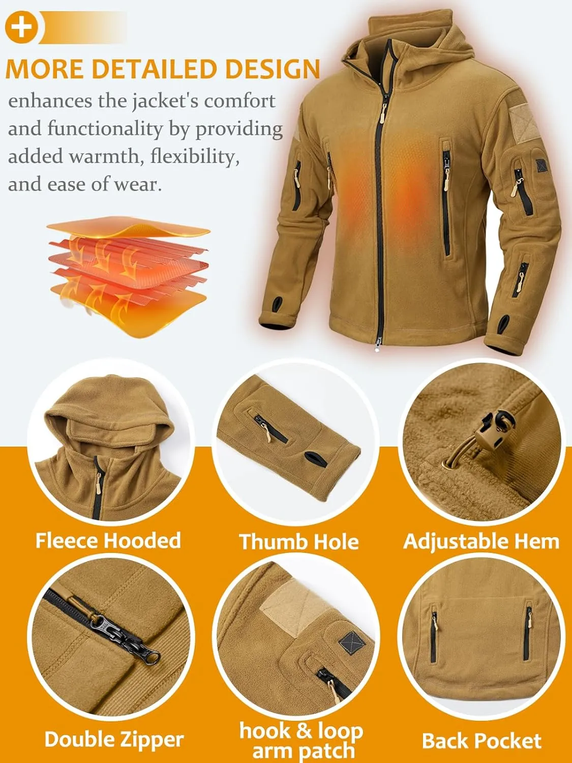 NAVEKULL Men's Tactical Hoodie Fleece Jacket Winter Warm Full-Zip Military Army Outdoor Hiking Coat with 7 Zip-pockets