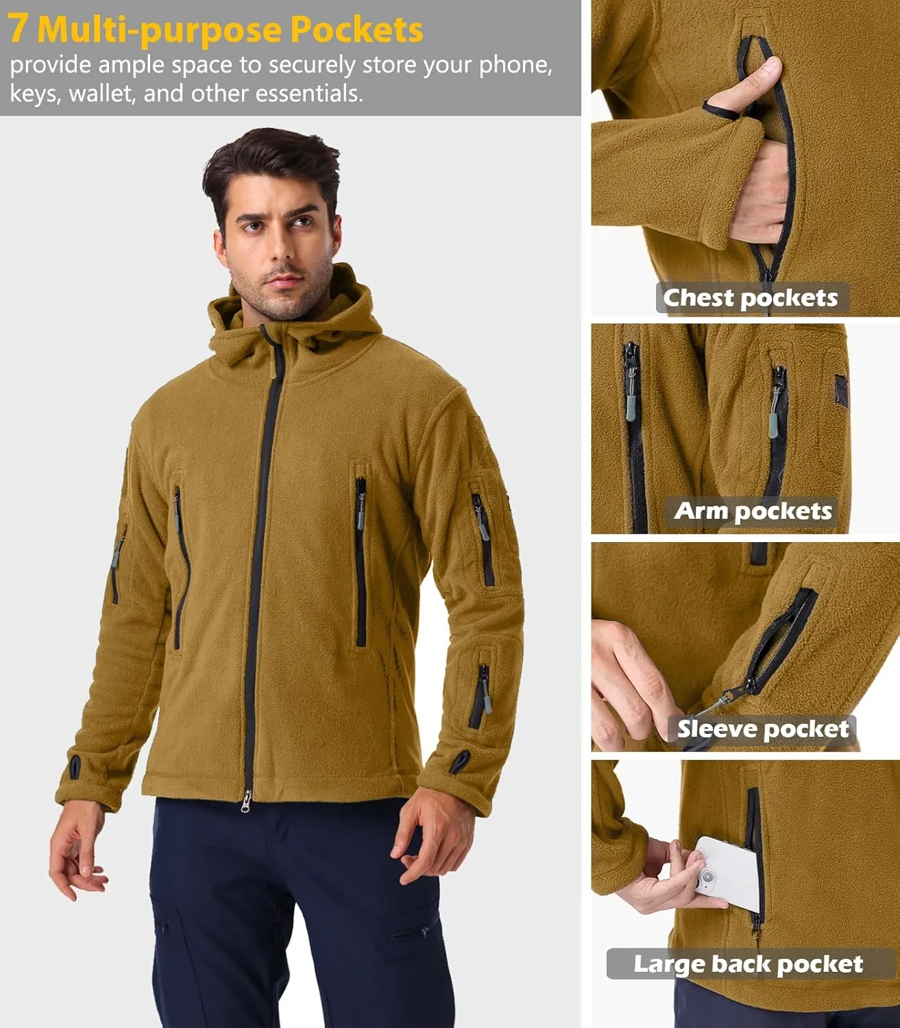 NAVEKULL Men's Tactical Hoodie Fleece Jacket Winter Warm Full-Zip Military Army Outdoor Hiking Coat with 7 Zip-pockets