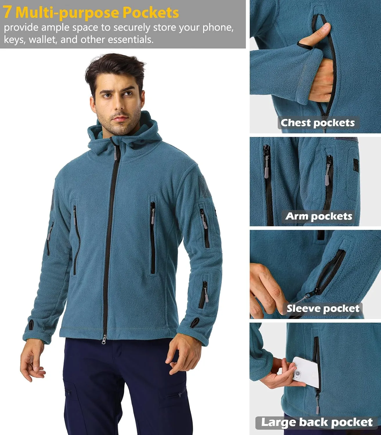 NAVEKULL Men's Tactical Hoodie Fleece Jacket Winter Warm Full-Zip Military Army Outdoor Hiking Coat with 7 Zip-pockets