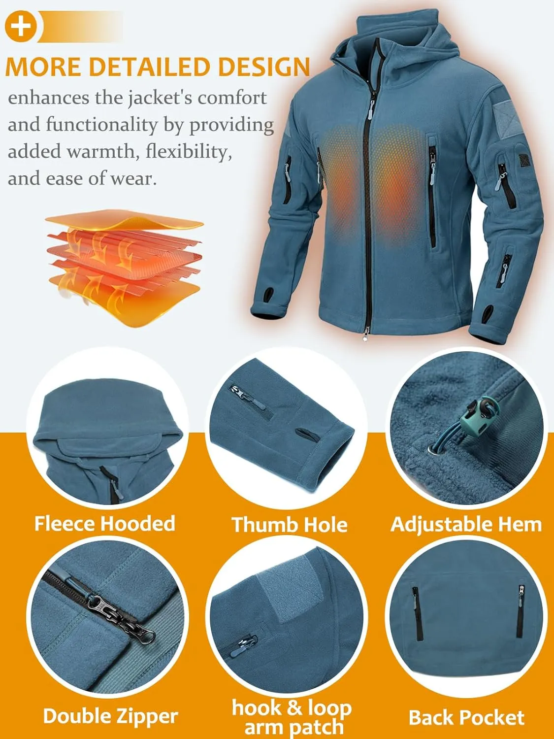 NAVEKULL Men's Tactical Hoodie Fleece Jacket Winter Warm Full-Zip Military Army Outdoor Hiking Coat with 7 Zip-pockets