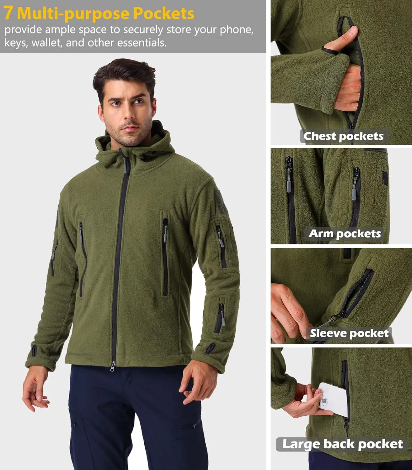 NAVEKULL Men's Tactical Hoodie Fleece Jacket Winter Warm Full-Zip Military Army Outdoor Hiking Coat with 7 Zip-pockets