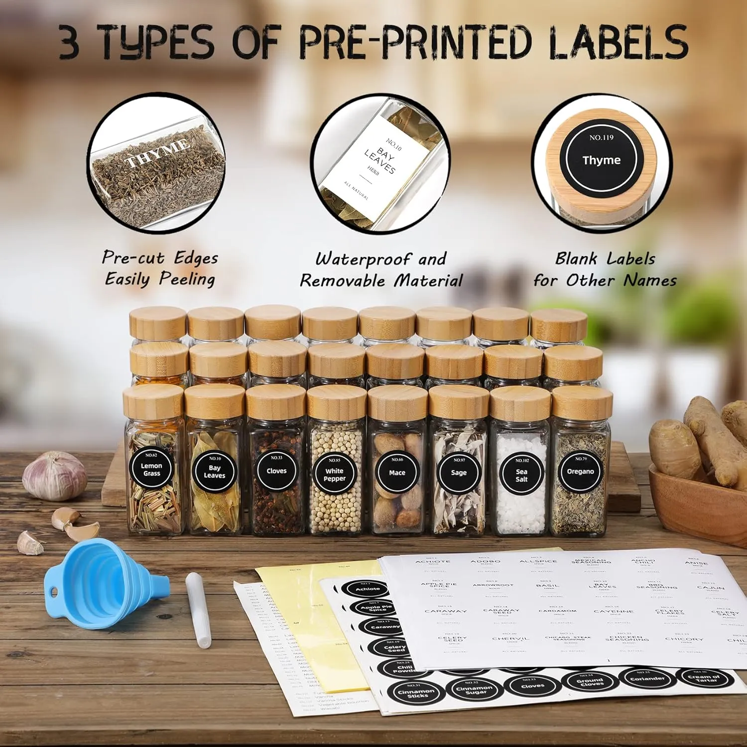NETANY 36 Pcs Glass Spice Jars with Bamboo Lids, 4 oz Glass Jars with Minimalist Farmhouse Spice Labels Stickers, Collapsible Funnel, Seasoning Storage Bottles for Spice Rack, Cabinet, Drawer