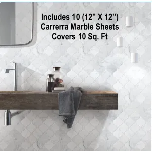New SET OF 10 (12X12 SHEET) White Carrara Polished Lantern Marble Mosaic Tile, Covers 10 Sq. Ft!  Retails $340 