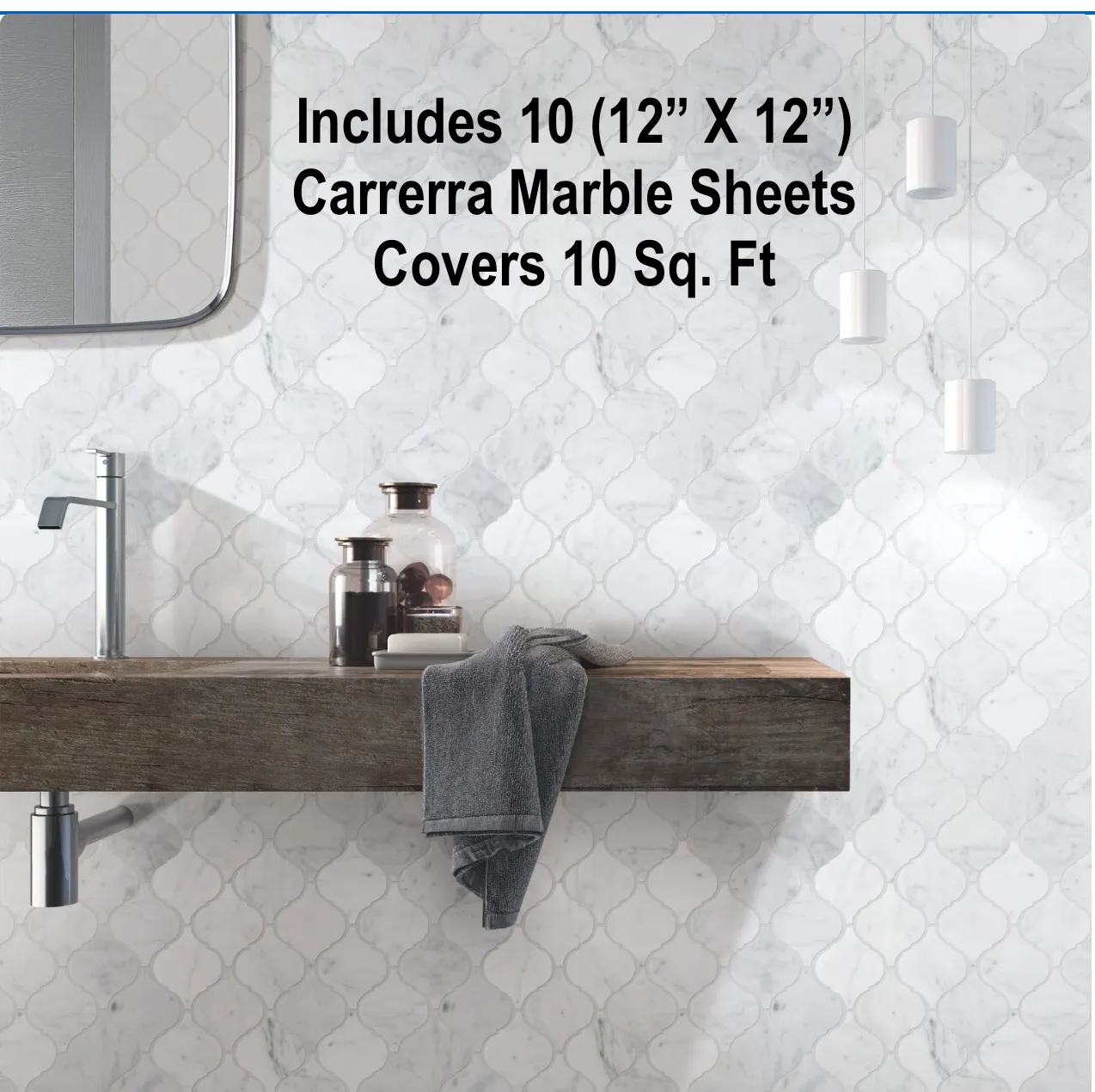 New SET OF 10 (12X12 SHEET) White Carrara Polished Lantern Marble Mosaic Tile, Covers 10 Sq. Ft!  Retails $340 