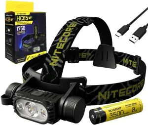 Nitecore HC65 V2 Rechargeable Headlamp -1750 Lumens w/ NL1835HP battery and Eco- Sensa USB-C Cable Included