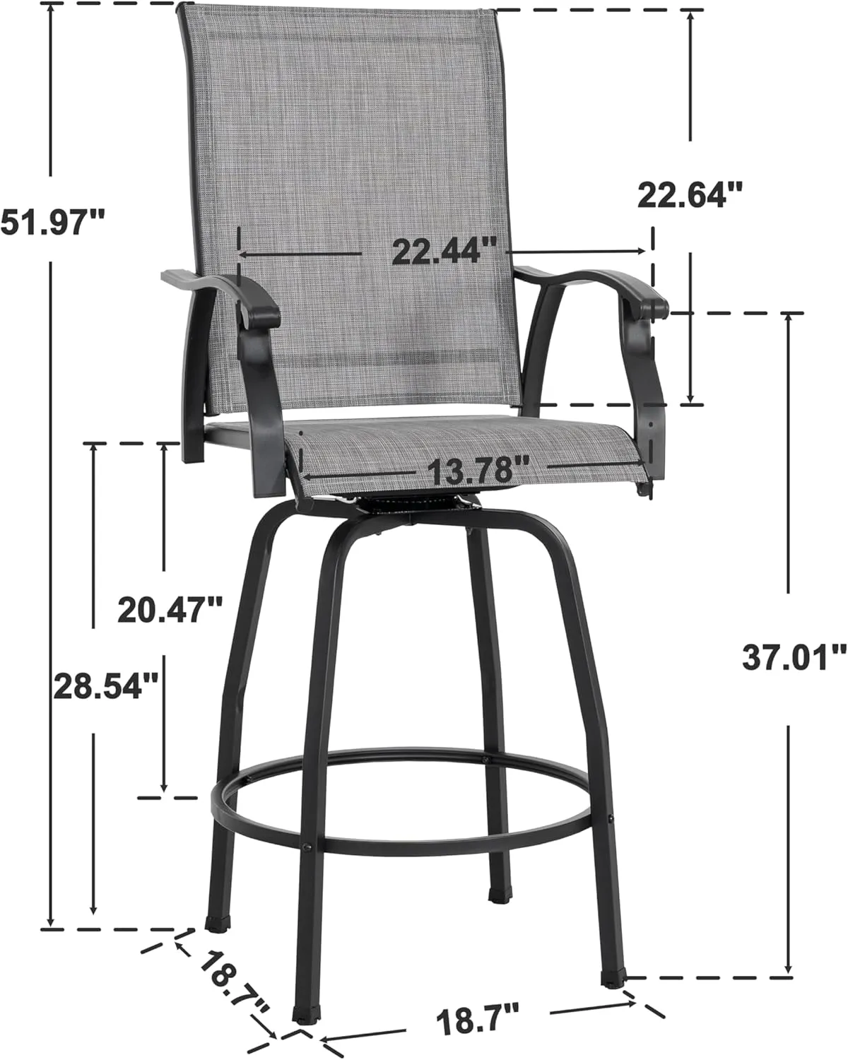 NUU GARDEN 2 Piece Patio Swivel Bar Stools, Outdoor High Bistro Stools Set of 2, All-Weather Textilene for Outside, Backyard, Lawn, Poolside and Garden, Gray