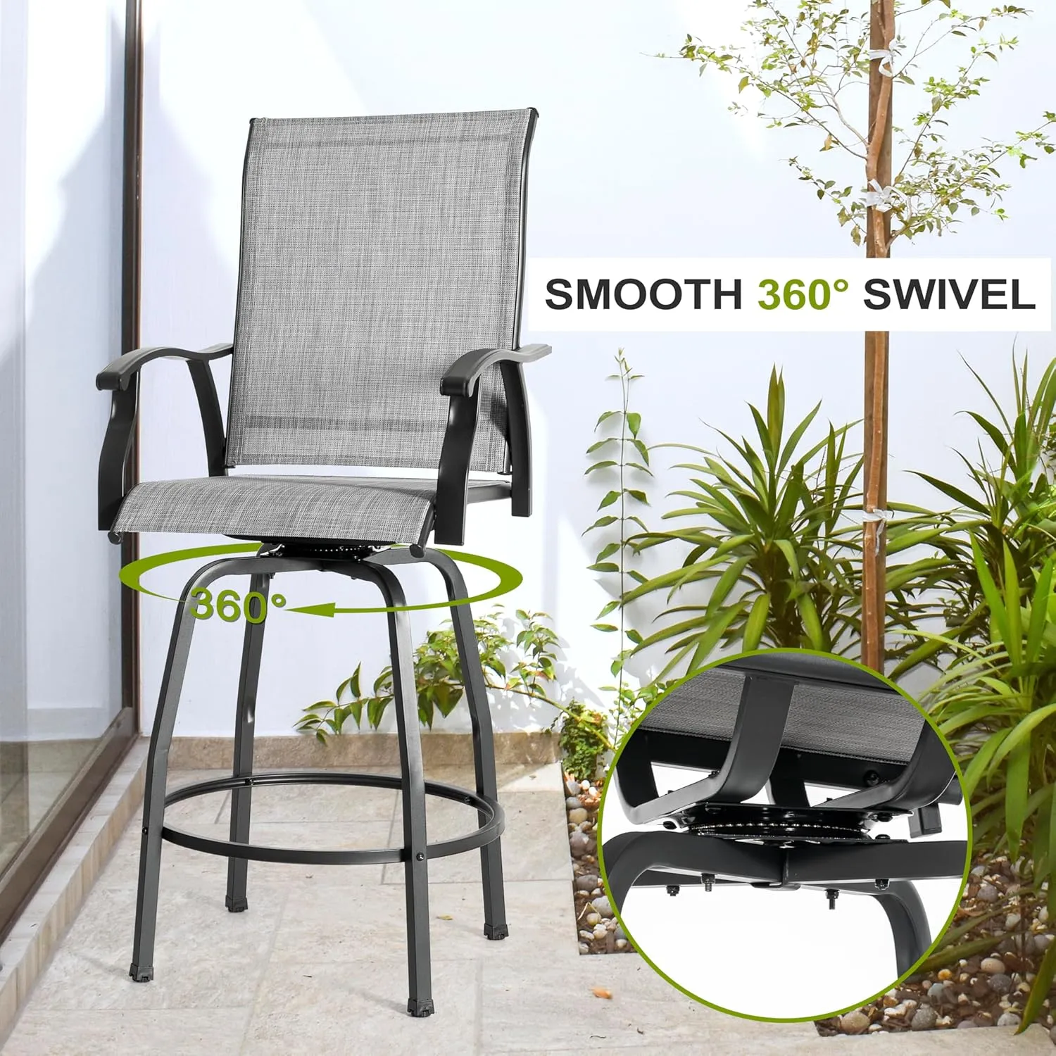NUU GARDEN 2 Piece Patio Swivel Bar Stools, Outdoor High Bistro Stools Set of 2, All-Weather Textilene for Outside, Backyard, Lawn, Poolside and Garden, Gray