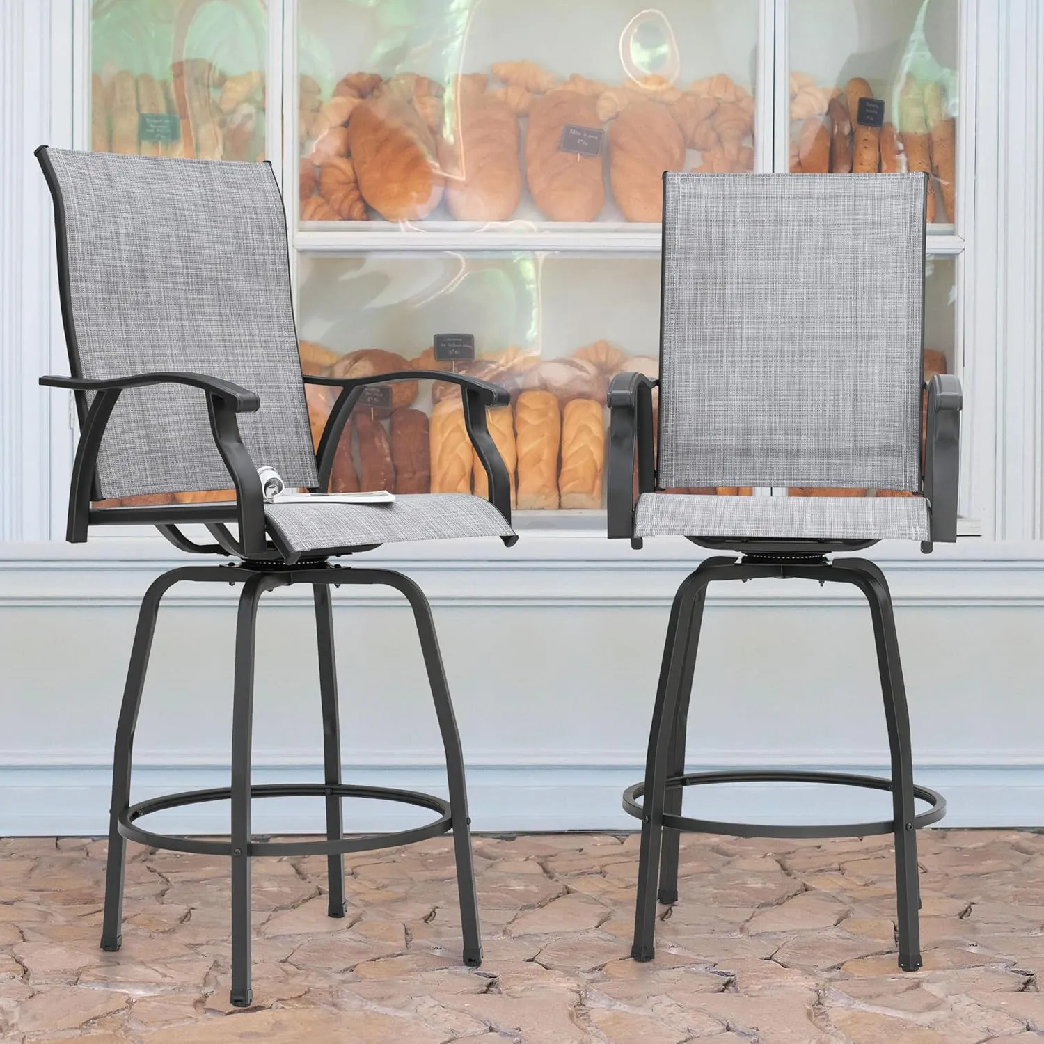 NUU GARDEN 2 Piece Patio Swivel Bar Stools, Outdoor High Bistro Stools Set of 2, All-Weather Textilene for Outside, Backyard, Lawn, Poolside and Garden, Gray