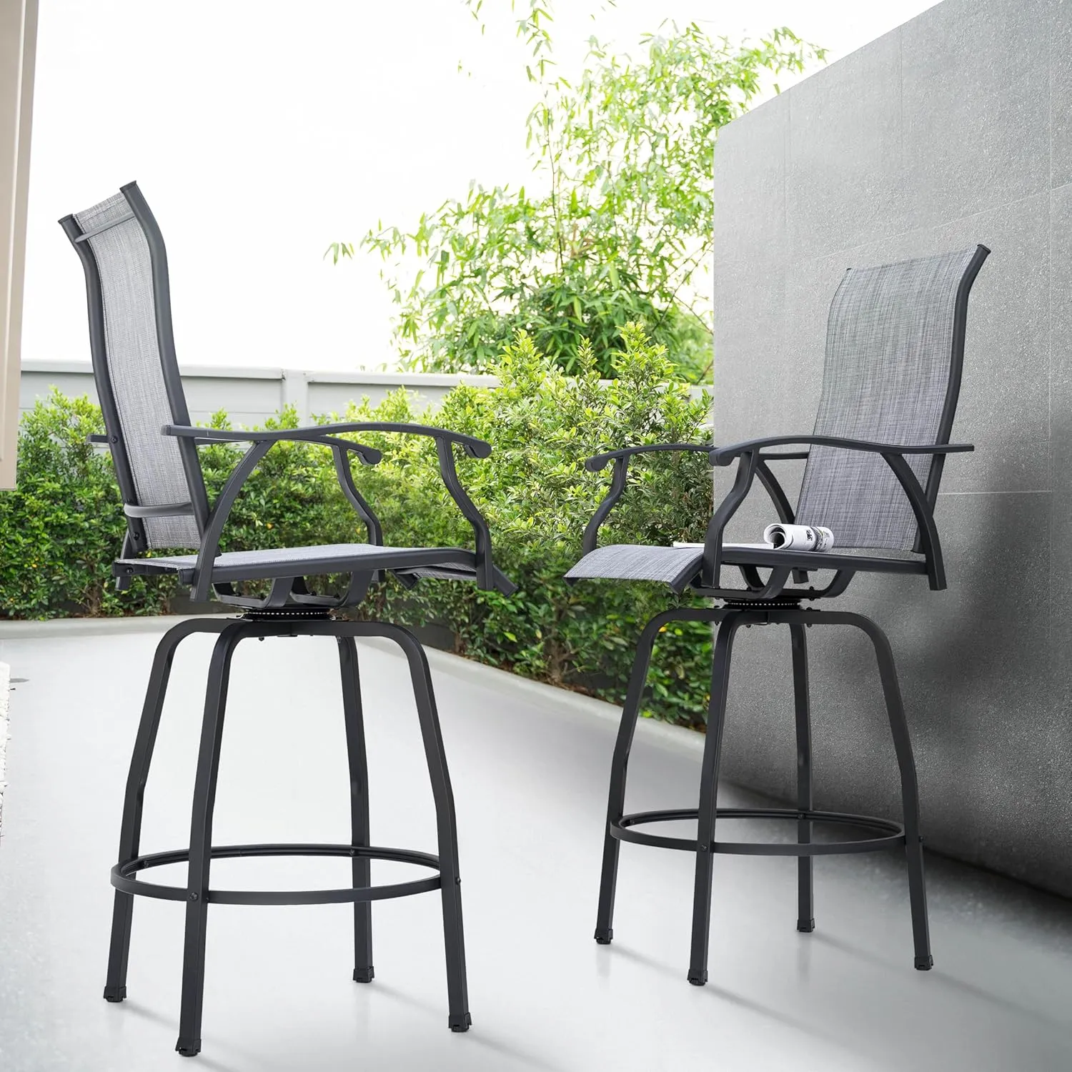 NUU GARDEN 2 Piece Patio Swivel Bar Stools, Outdoor High Bistro Stools Set of 2, All-Weather Textilene for Outside, Backyard, Lawn, Poolside and Garden, Gray