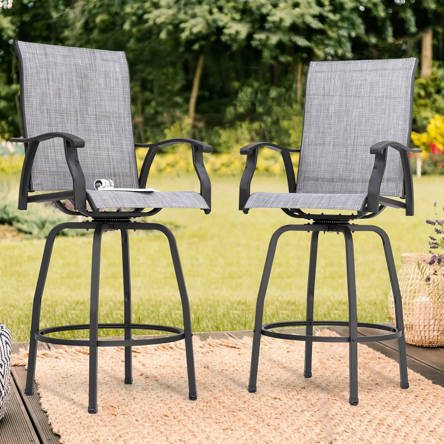NUU GARDEN 2 Piece Patio Swivel Bar Stools, Outdoor High Bistro Stools Set of 2, All-Weather Textilene for Outside, Backyard, Lawn, Poolside and Garden, Gray