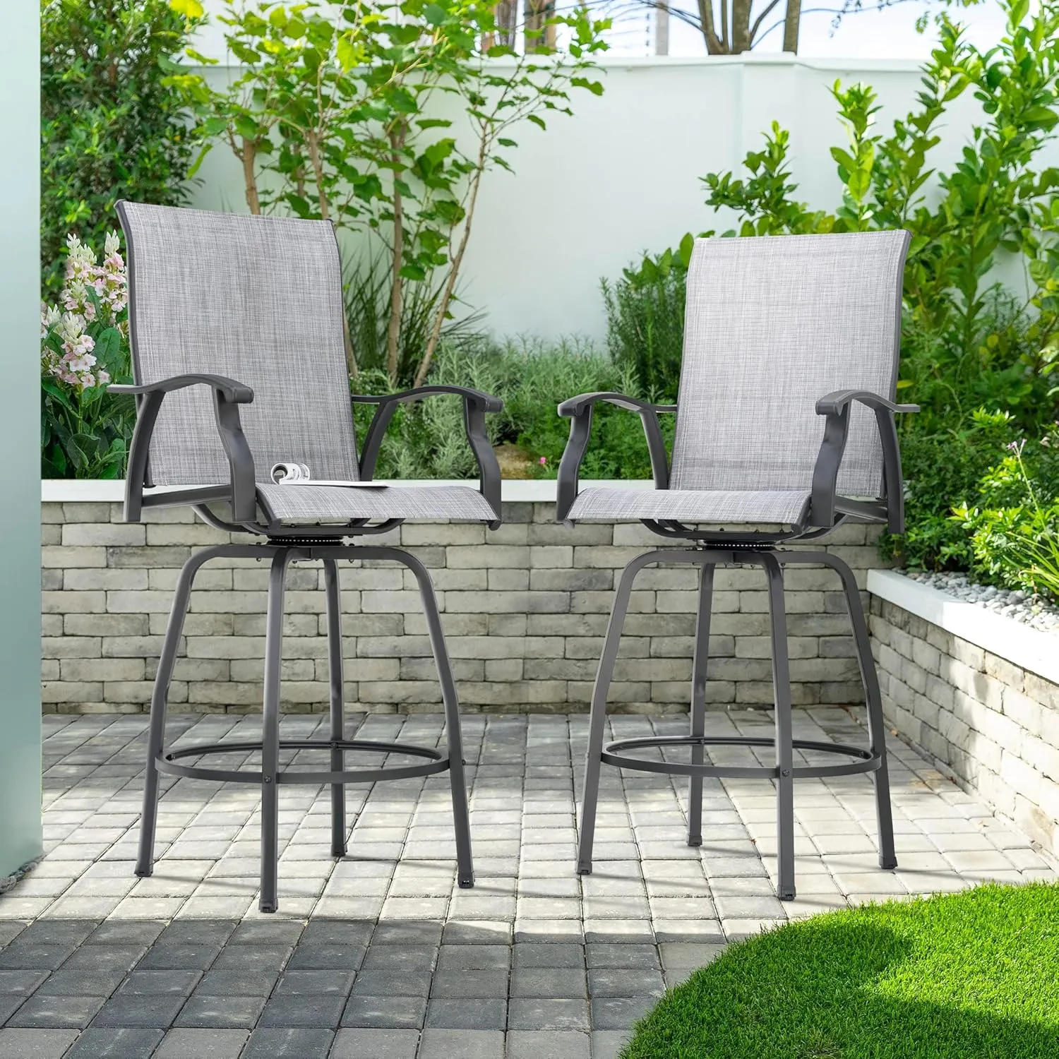 NUU GARDEN 2 Piece Patio Swivel Bar Stools, Outdoor High Bistro Stools Set of 2, All-Weather Textilene for Outside, Backyard, Lawn, Poolside and Garden, Gray