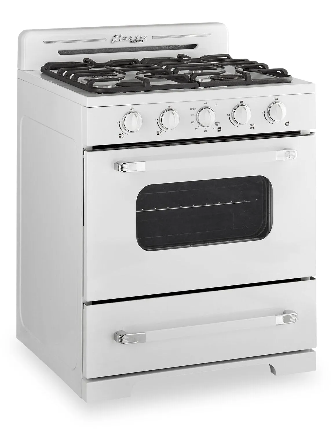 Off-Grid Classic Retro by Unique 30" 3.9 Cu. Ft. Propane Gas Range - Marshmallow White - UGP-30CR OF2 W | Cuisinière à gaz propane Classic Rétro hors réseau par Unique de 30 po et de 3,9 pi3 - blanc guimauve - UGP-30CR OF2 W | 30CROF2W