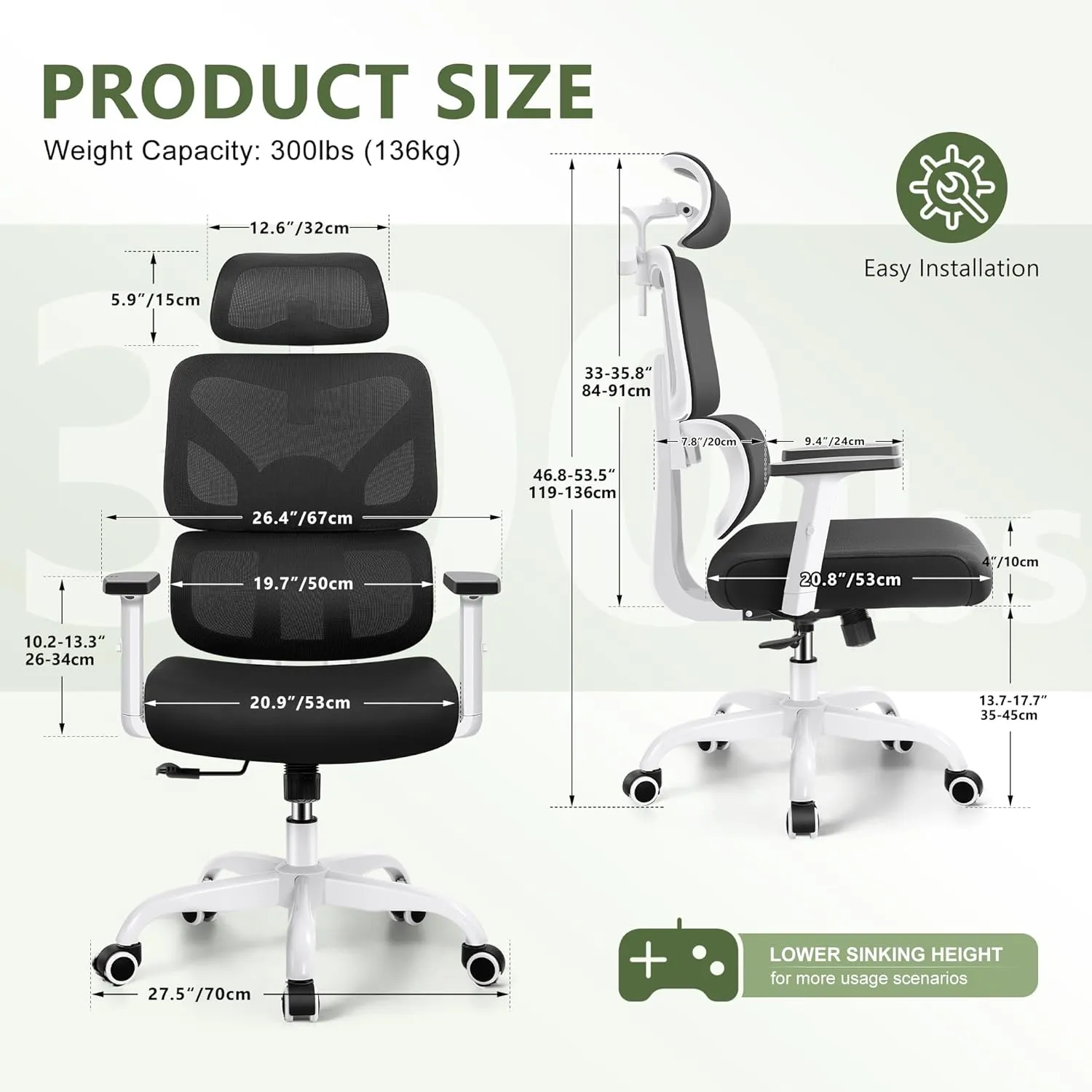 Office Chair Ergonomic Desk Chair, High Back Computer Gaming Chair, Big and Tall Reclining Comfy Home Office Desk Chair Breathable Mesh Lumbar Support Adjustable Arms, 3D Headrest (White)