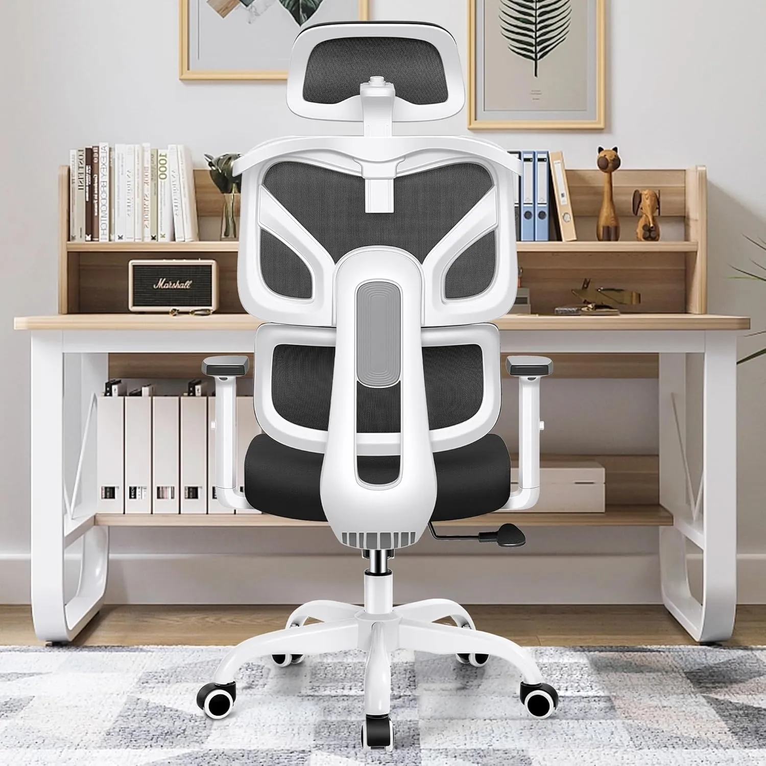 Office Chair Ergonomic Desk Chair, High Back Computer Gaming Chair, Big and Tall Reclining Comfy Home Office Desk Chair Breathable Mesh Lumbar Support Adjustable Arms, 3D Headrest (White)