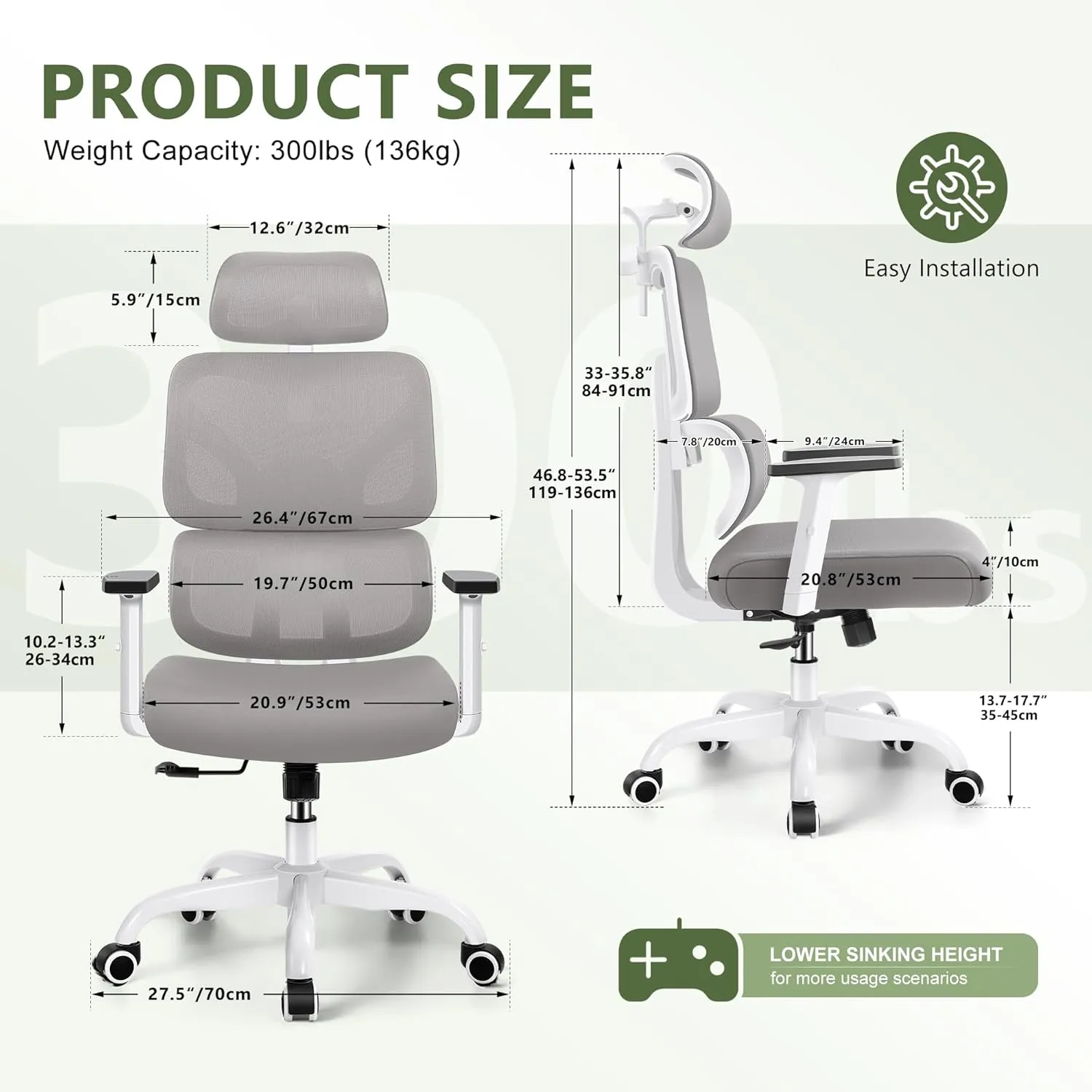 Office Chair Ergonomic Desk Chair, High Back Gaming Chair, Big and Tall Reclining Comfy Home Office Desk Chair Breathable Mesh Lumbar Support Computer Chair Adjustable Arms, 3D Headrest (Gray)