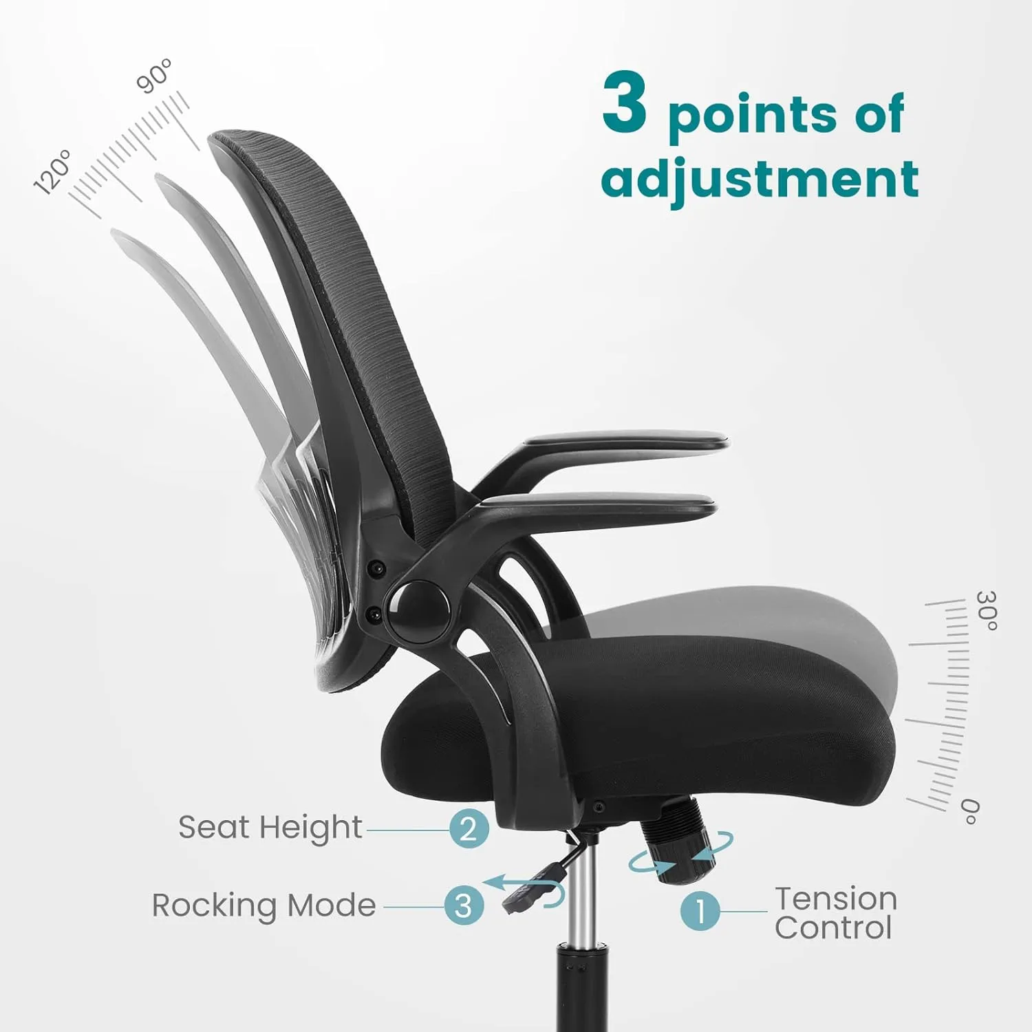 Office Computer Desk Chair, Ergonomic Mid-Back Mesh Rolling Work Swivel Task Chairs with Wheels, Comfortable Lumbar Support, Comfy Flip-up Arms for Home, Bedroom, Gaming, Study, Student, Black