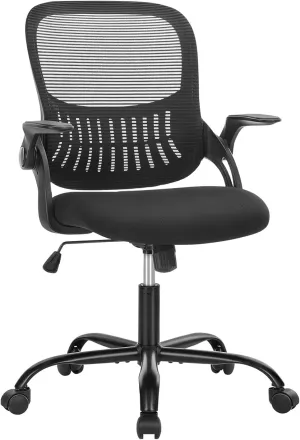 Office Computer Desk Chair, Ergonomic Mid-Back Mesh Rolling Work Swivel Task Chairs with Wheels, Comfortable Lumbar Support, Comfy Flip-up Arms for Home, Bedroom, Gaming, Study, Student, Black