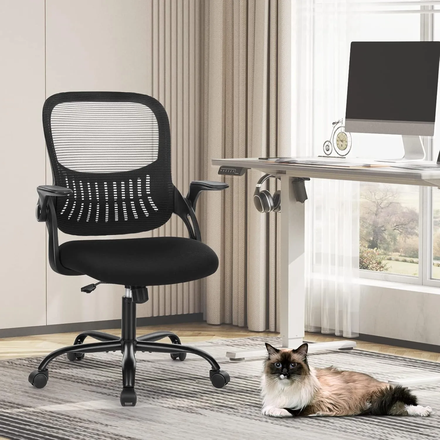 Office Computer Desk Chair, Ergonomic Mid-Back Mesh Rolling Work Swivel Task Chairs with Wheels, Comfortable Lumbar Support, Comfy Flip-up Arms for Home, Bedroom, Gaming, Study, Student, Black