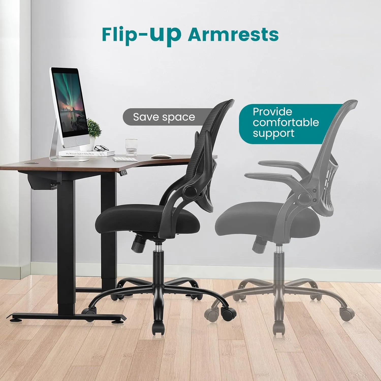 Office Computer Desk Chair, Ergonomic Mid-Back Mesh Rolling Work Swivel Task Chairs with Wheels, Comfortable Lumbar Support, Comfy Flip-up Arms for Home, Bedroom, Gaming, Study, Student, Black