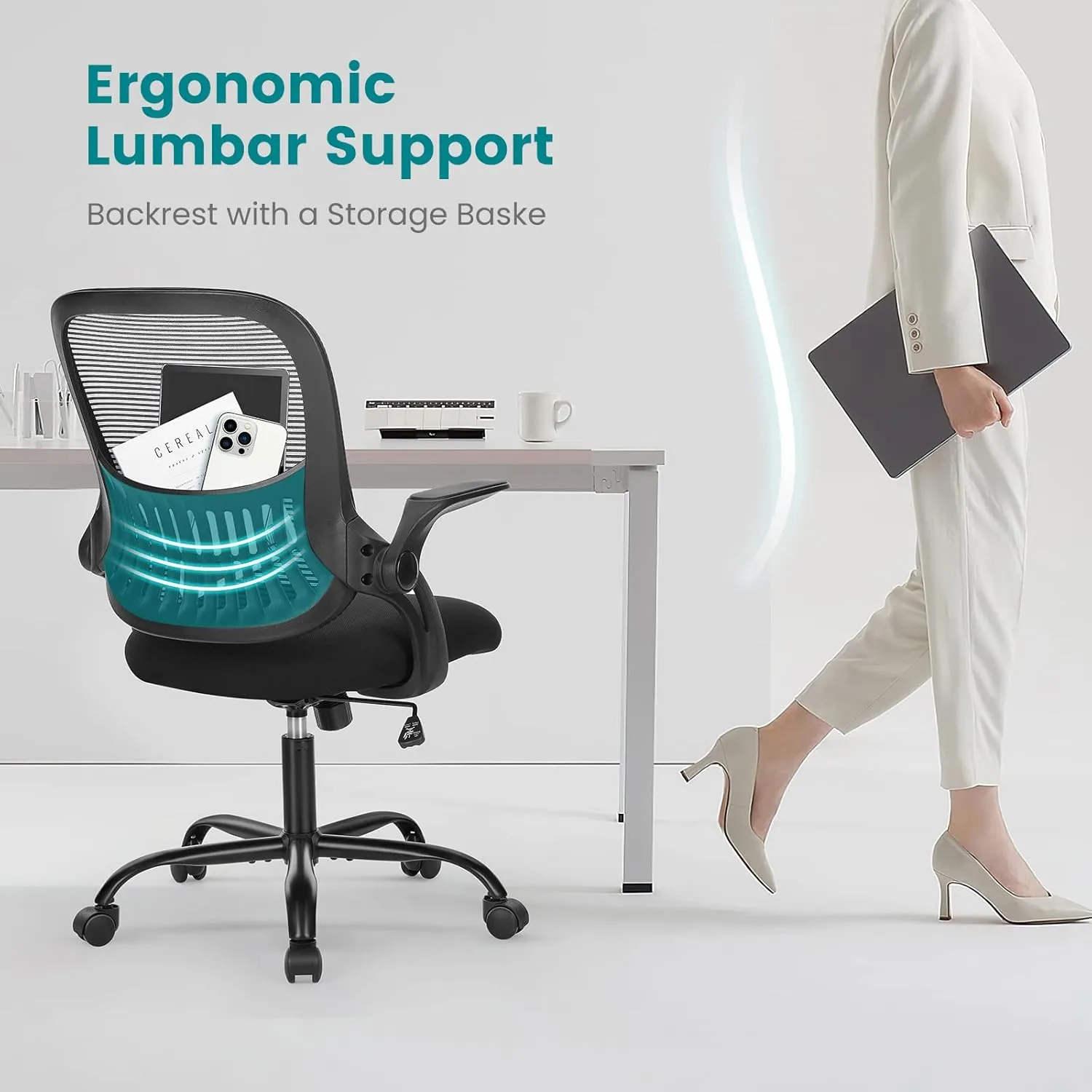 Office Computer Desk Chair, Ergonomic Mid-Back Mesh Rolling Work Swivel Task Chairs with Wheels, Comfortable Lumbar Support, Comfy Flip-up Arms for Home, Bedroom, Gaming, Study, Student, Black