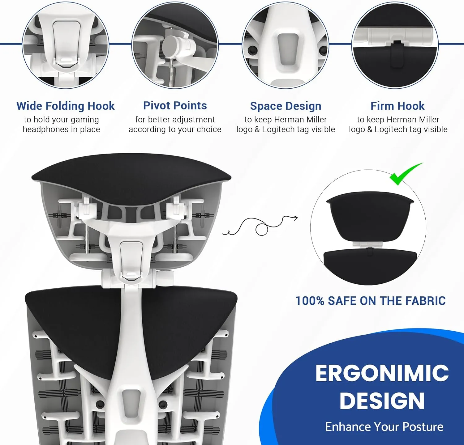 OFFICE LOGIX SHOP Embody Headrest Compatible with Herman Miller Embody Chair (Black Rythem Fabric/White Frame)