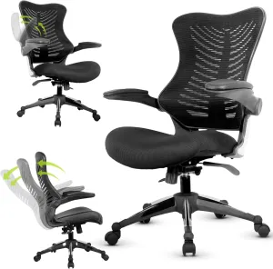 Officefactor Ergonomic Breathable Mesh Chair with Flip-up Armrests, Lumbar Support Executive Rolling Swivel Task Computer Office Chair or Home Desk Chair (Black MESH)