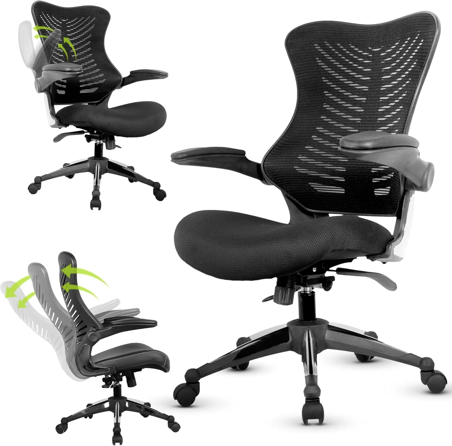 Officefactor Ergonomic Breathable Mesh Chair with Flip-up Armrests, Lumbar Support Executive Rolling Swivel Task Computer Office Chair or Home Desk Chair (Black MESH)