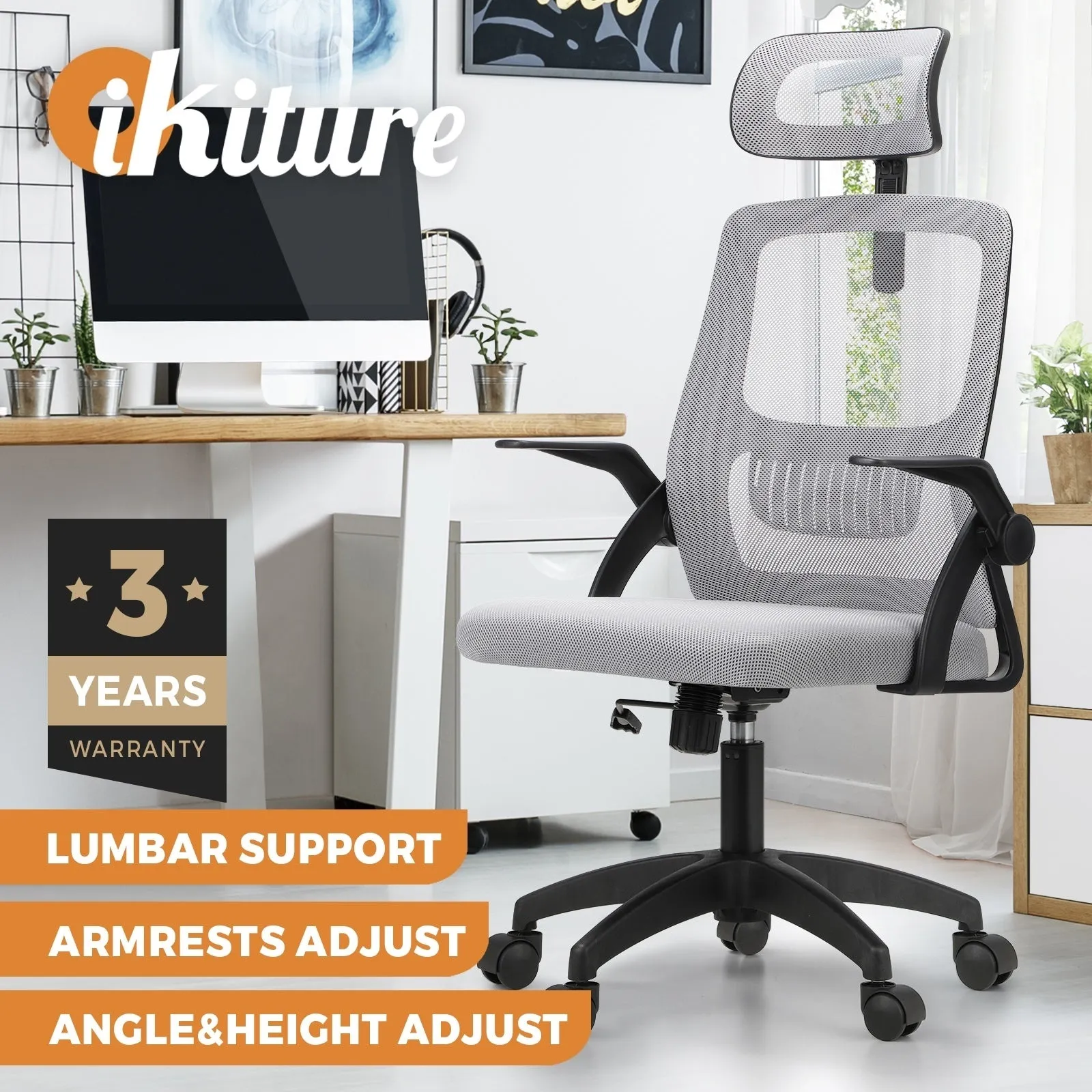 Oikiture Mesh Office Chair Executive Fabric Gaming Work Study Seat Computer