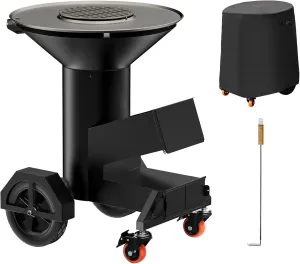 Onlyfire Wood Burning Rocket Stove with Griddle and Grate, Large Wood BBQ Stove with Wheels, Ash Tool and Stove Cover, Outdoor Stove for Patio Cooking, Backyard Bonfire, Picnic, Tailgating, GS346