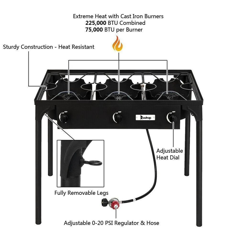 Outdoor Camping Stove Grill: Portable Propane 3-Burner Cooker (225,000 BTU)
