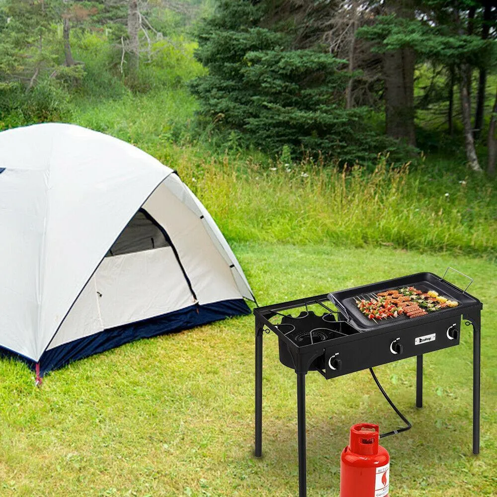 Outdoor Camping Stove Grill: Portable Propane 3-Burner Cooker (225,000 BTU)