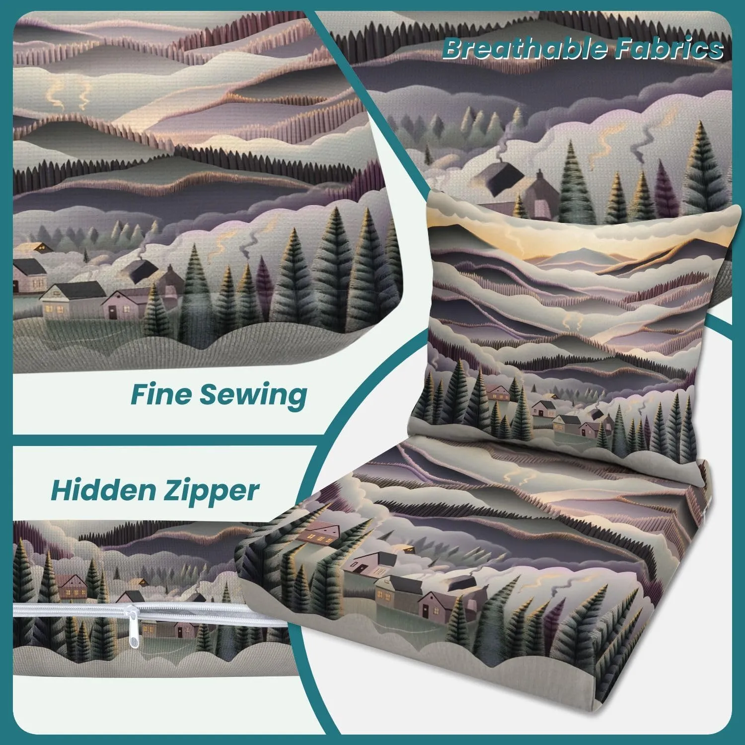 Outdoor Deep Seat Cushion Set Ethereal Foggy Mountains Peaceful Village 24 x 24 Inch Fade Resistant Patio Furniture Cushions with Removable Cover for Chaise Lounge